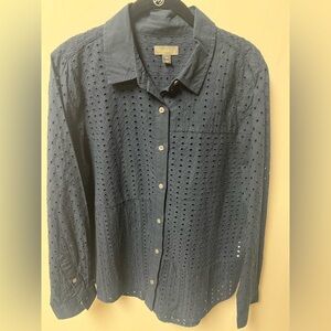 STYLE & CO NAVY BLUE SIZE PXL COTTON  EYELET FRONT & BACK LONG SLEEVE BLOUSE